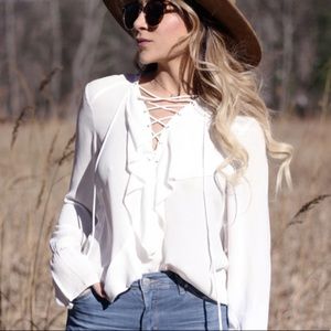 TROUVE White Lace Up Chiffon Long sleeve Blouse